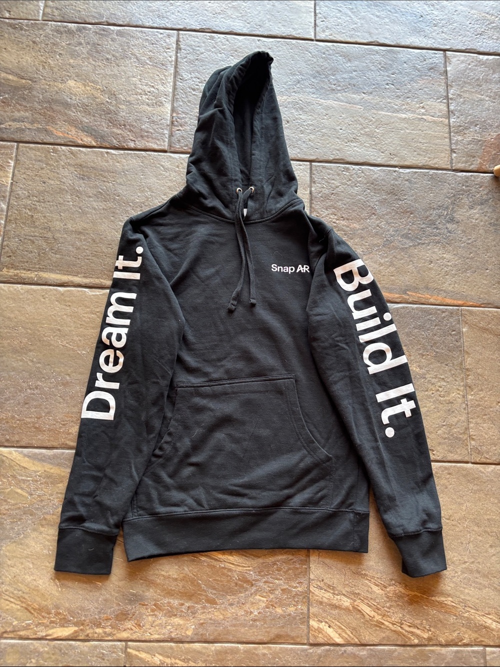 Snap Black Hoodie with White Sleeve Text